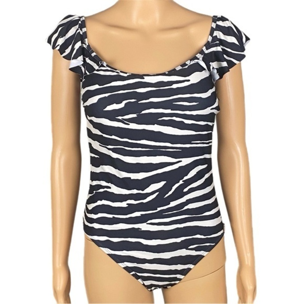 VINCE CAMUTO black and off white zebra stripe one piece swimsuit Size 10